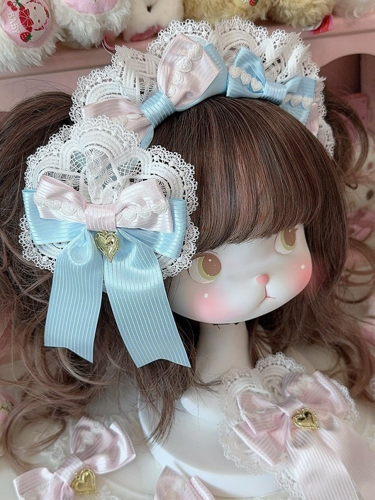 Heart WhiteBlue Charm Hairclip Detail Lace Bowknot