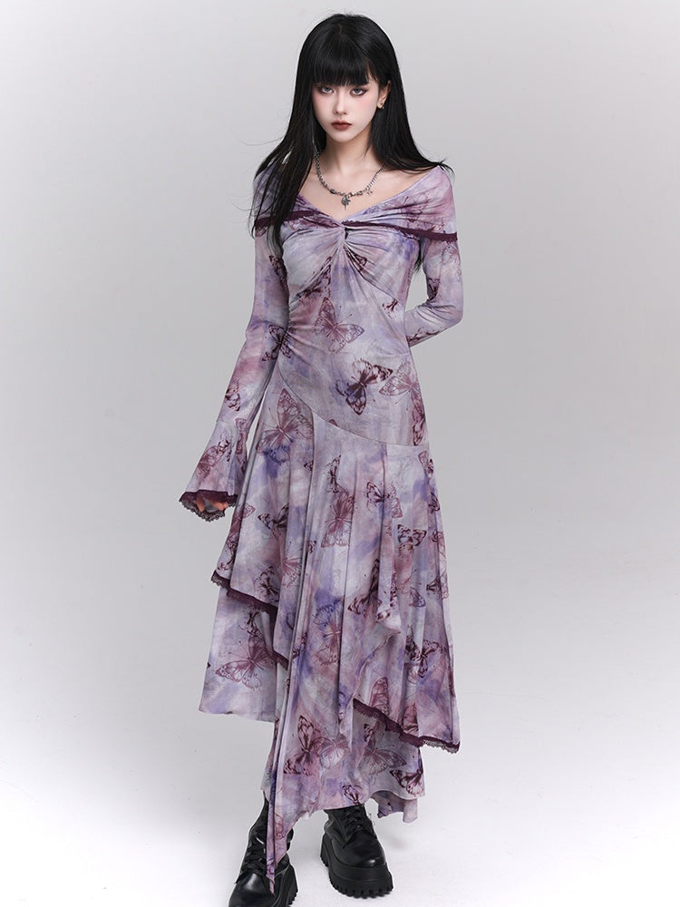 Purple/Dark Gray/Apricot Off-the-Shoulder Butterfly Print Twist Detail Dress