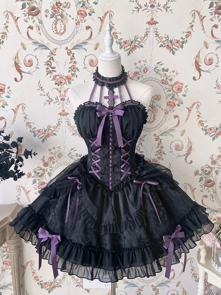 Cross Belle Black and Purple Corset Waist Gothic Lolita Dress
