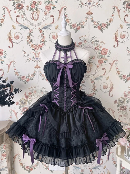 Cross Belle – Gothic-Lolita-Kleid mit Korsett-Taille in Schwarz und Lila