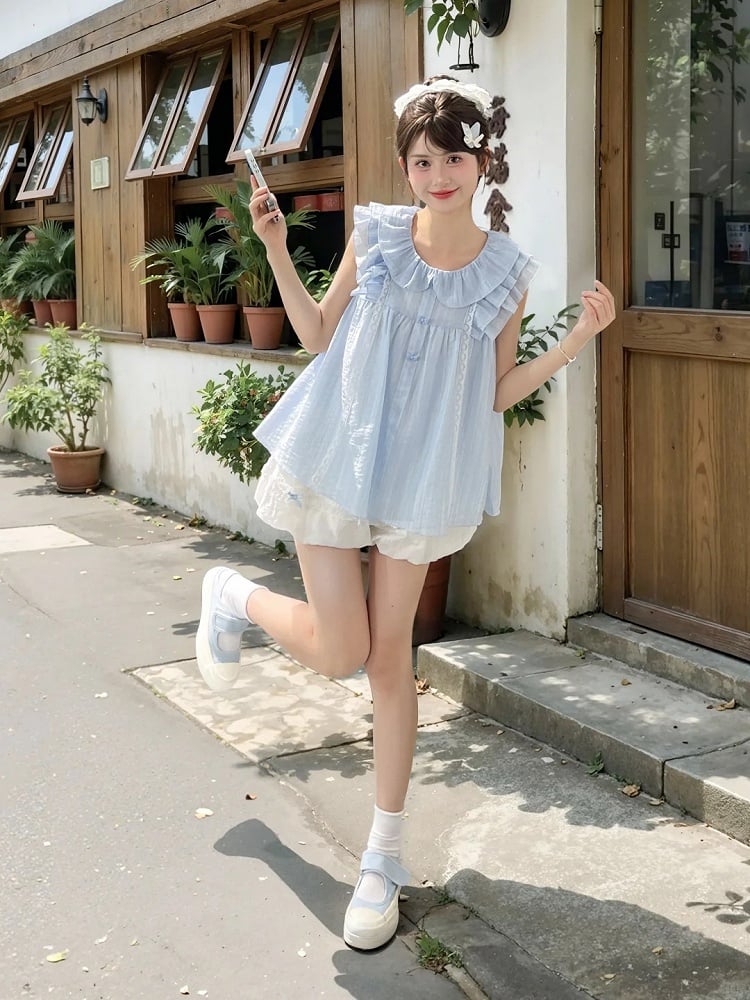 Sweet Tank Top Blue Peter Pan Collar Tiered Flutter Sleeves Bow Buttons