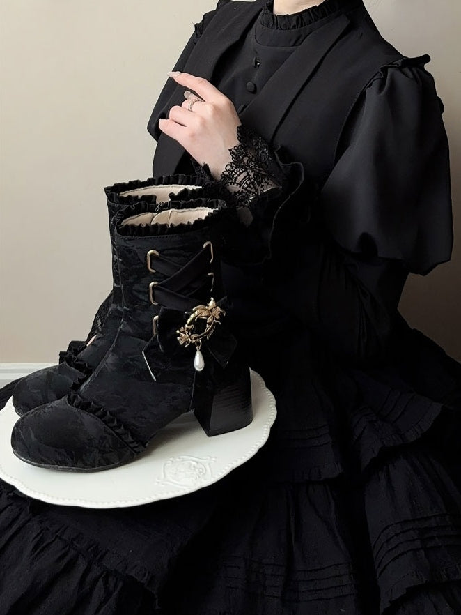 Details - Black Mid-heel the Valley Boots Lily of Trim Bow with Ruffle Detachable Crisscross