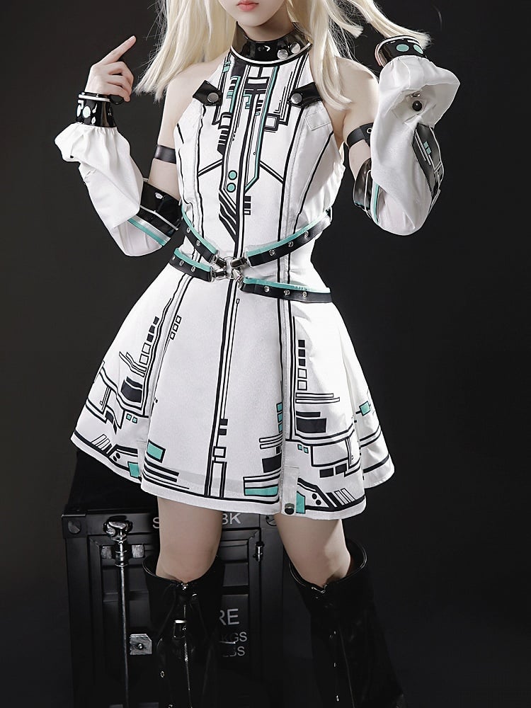 Bunny Sleeves KC Dress Techwear Halter Neck Urban Cyberpunk White + Ears