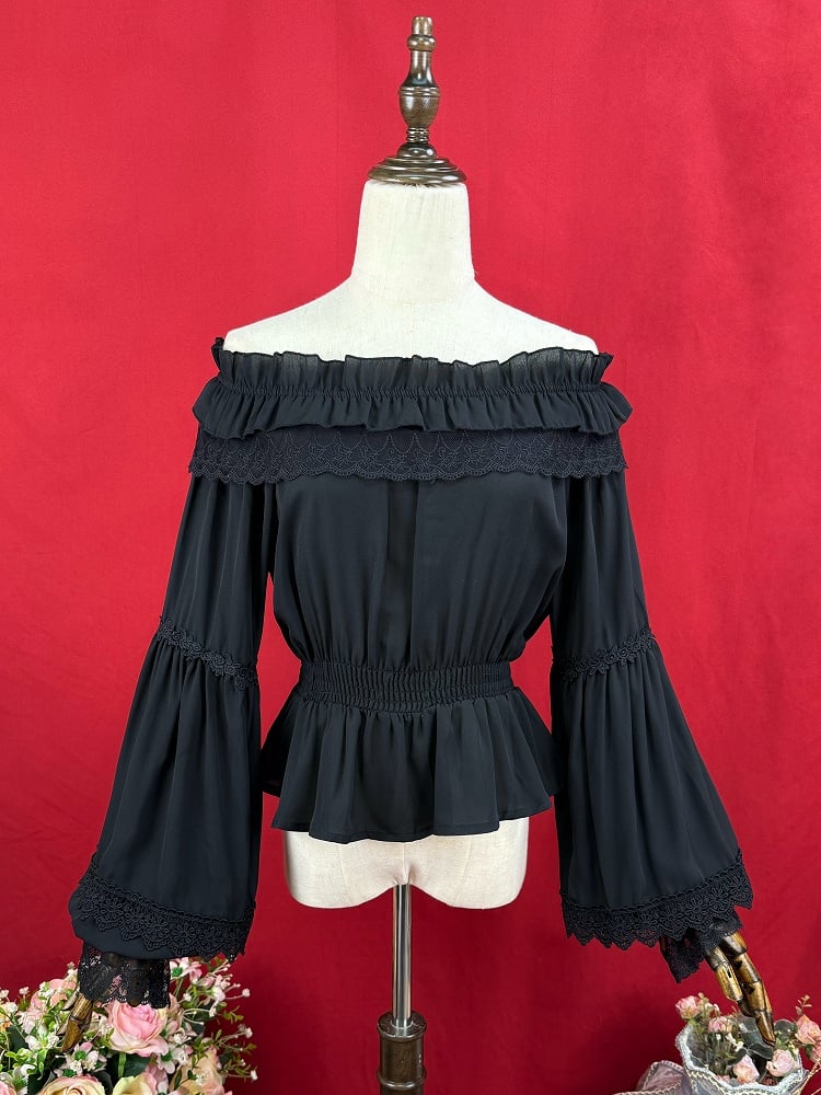 Black Elastic Neckline Chiffon Blouse Smocked Elastic Waist
