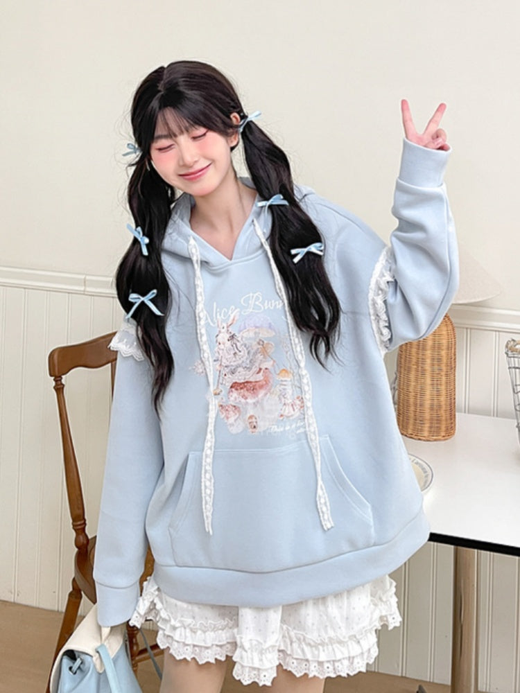 Yume Kawaii Blue Bunny Ear Hood Rabbit Print Hoodie