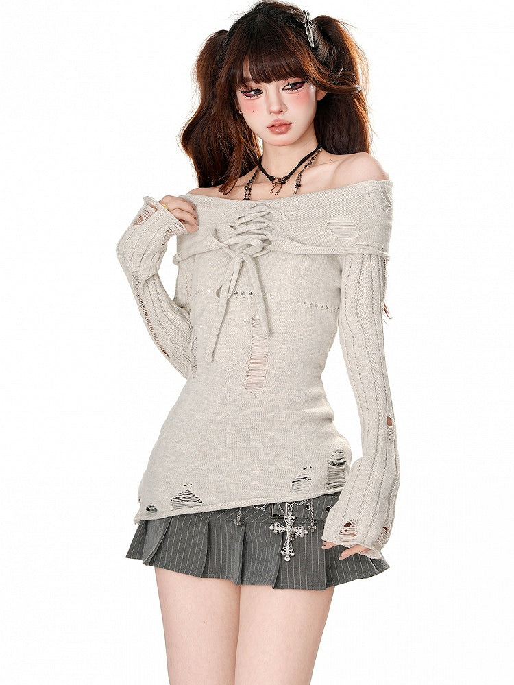 Light Grey/Dark Grey Lace-up Detail Distressed Off-Shoulder Knit Top