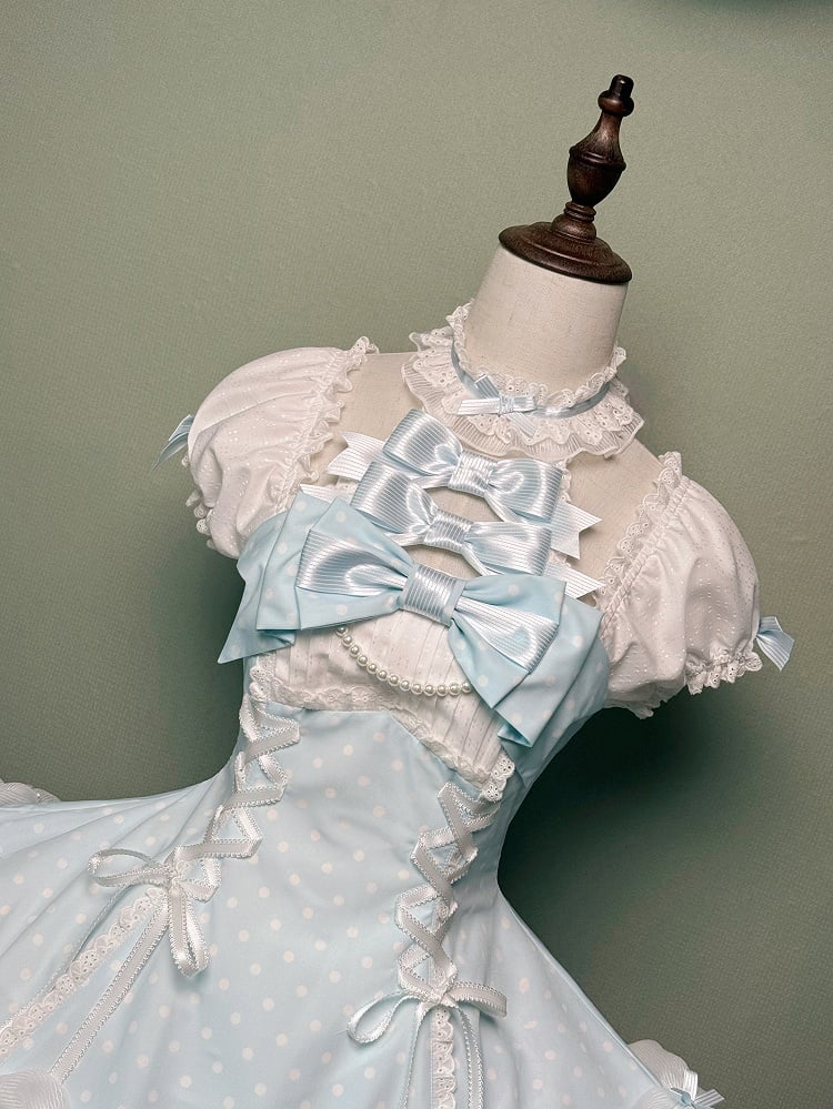 Gepunktetes blaues Lolita-Kleid mit altem Neckholder und Schulärmeln, vielseitiges Polka-Kleid mit Puffärmeln