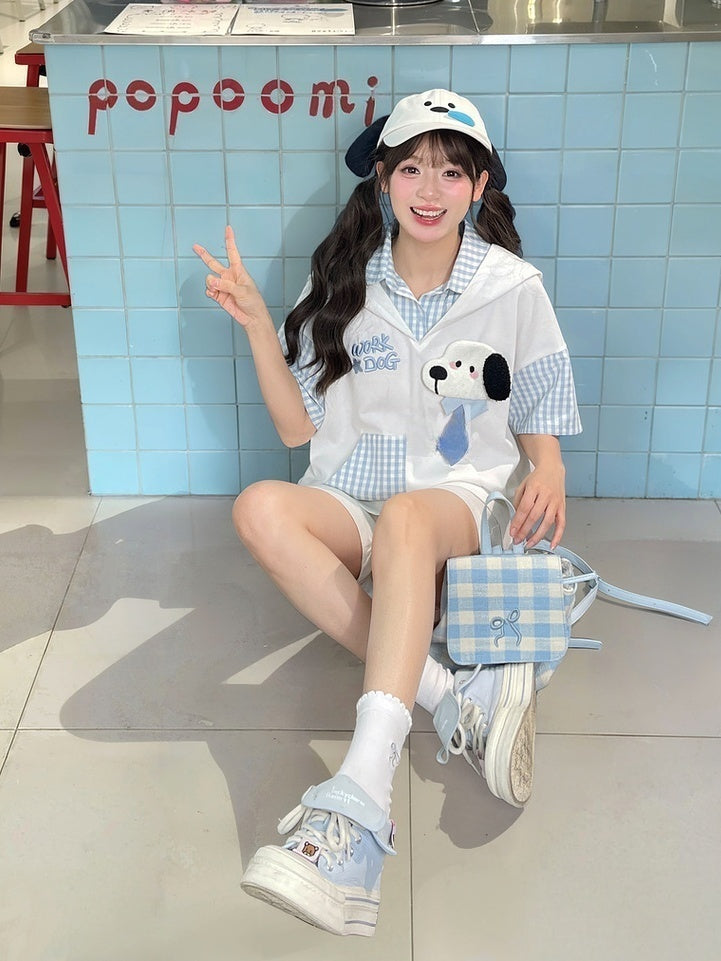 Two-pieces Puppy Ears Design Hood Pattern White and Puppy Faux T-Shirt Blue Plaid