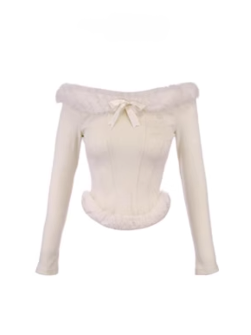 Creamy Off-Shoulder Knit Top With Faux Fur Charming Bow Accent White