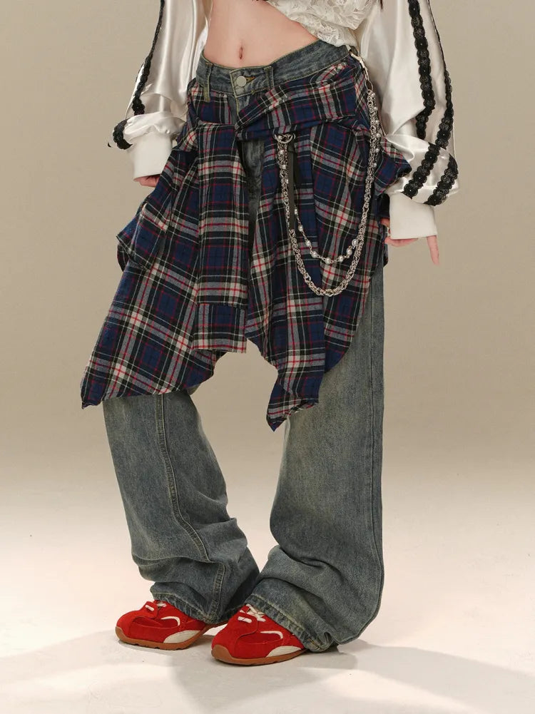 Wide-leg Plaid Jeans Accessory with Cut Blue