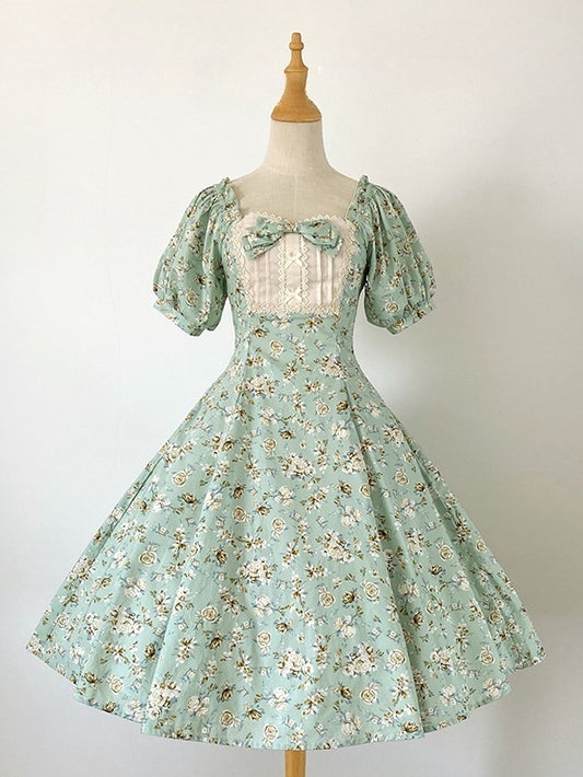 Mint Green Lolita Floral Dress OP Neckline Print Square