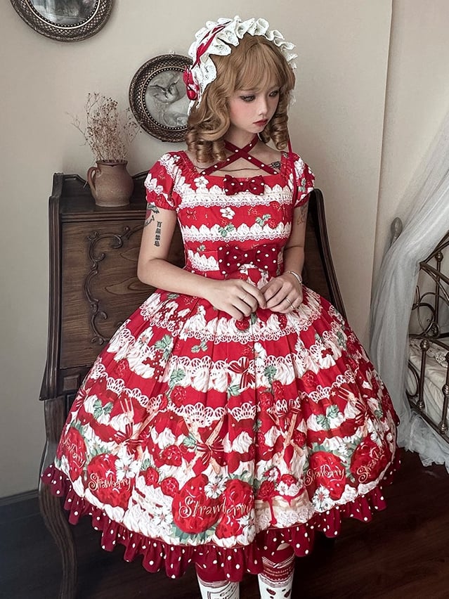 Red Strawberry High Waist Sweet Lolita Dress