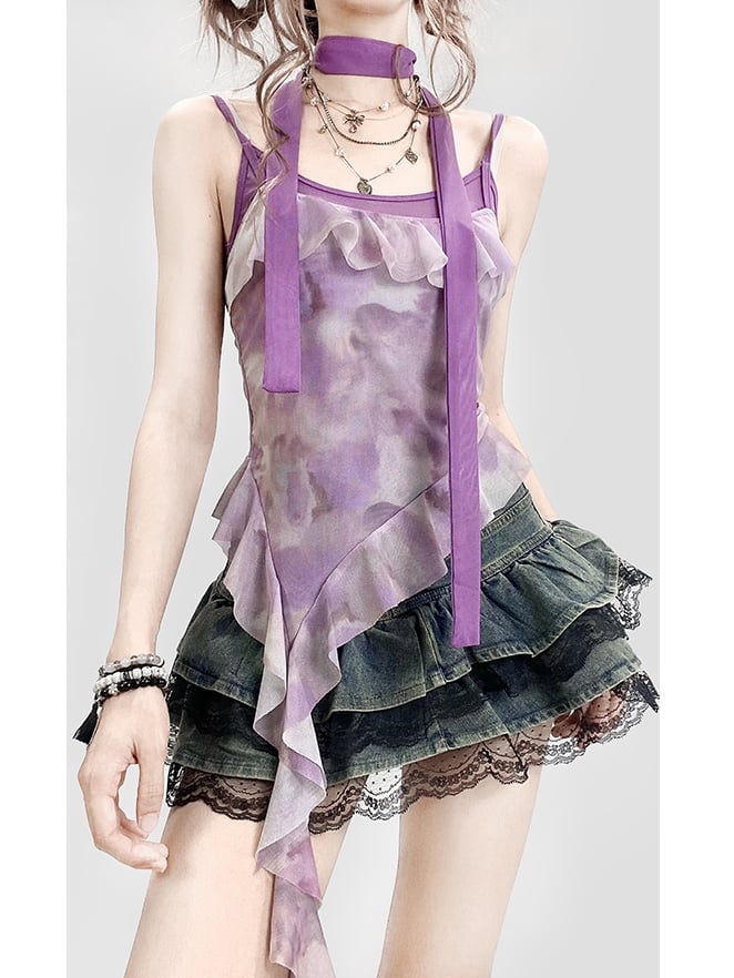 Purple Hem Asymmetrical Ruffles Top Design Dye + Tie Cami Scarf Y2K Trim