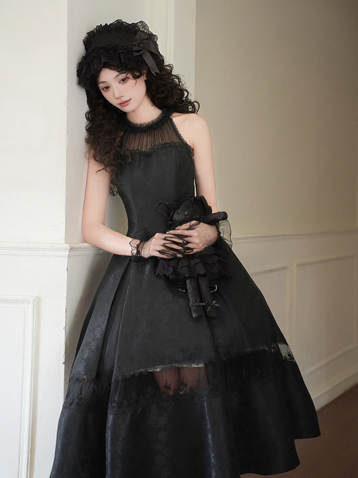 Panels Illusion Rosette All Jacquard Fabric Halter Prom Black Dress Neck Lace