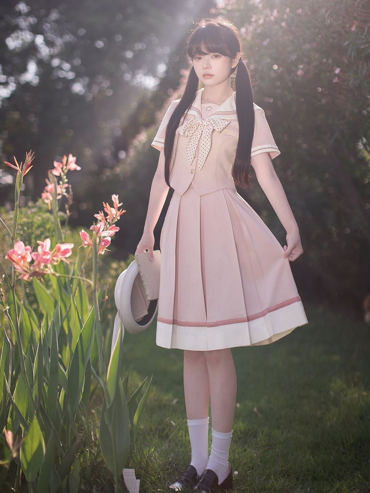 Sleeves Sweet Beige Embroidery Short Collar Sakura Top with Pink Sailor