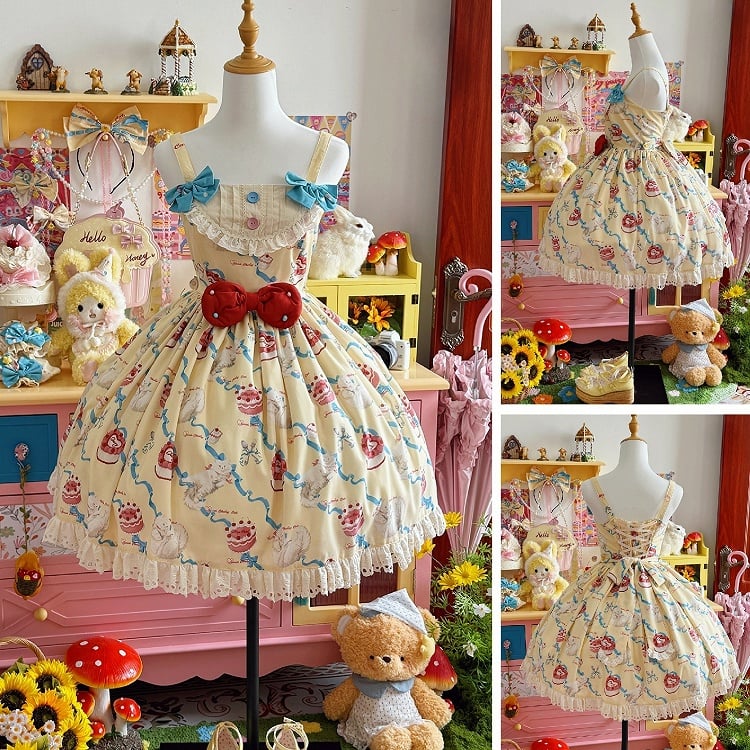 Lolita Print Dress Yellow Showa Cherry Fashion Cream Sweet Cake Kitty and