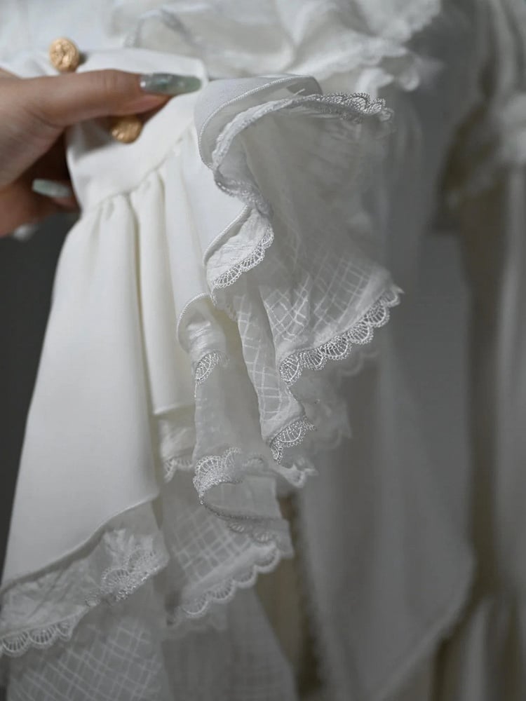 White High-low Long Sleeves Neck Jabot Hem Shirt High Ruffled