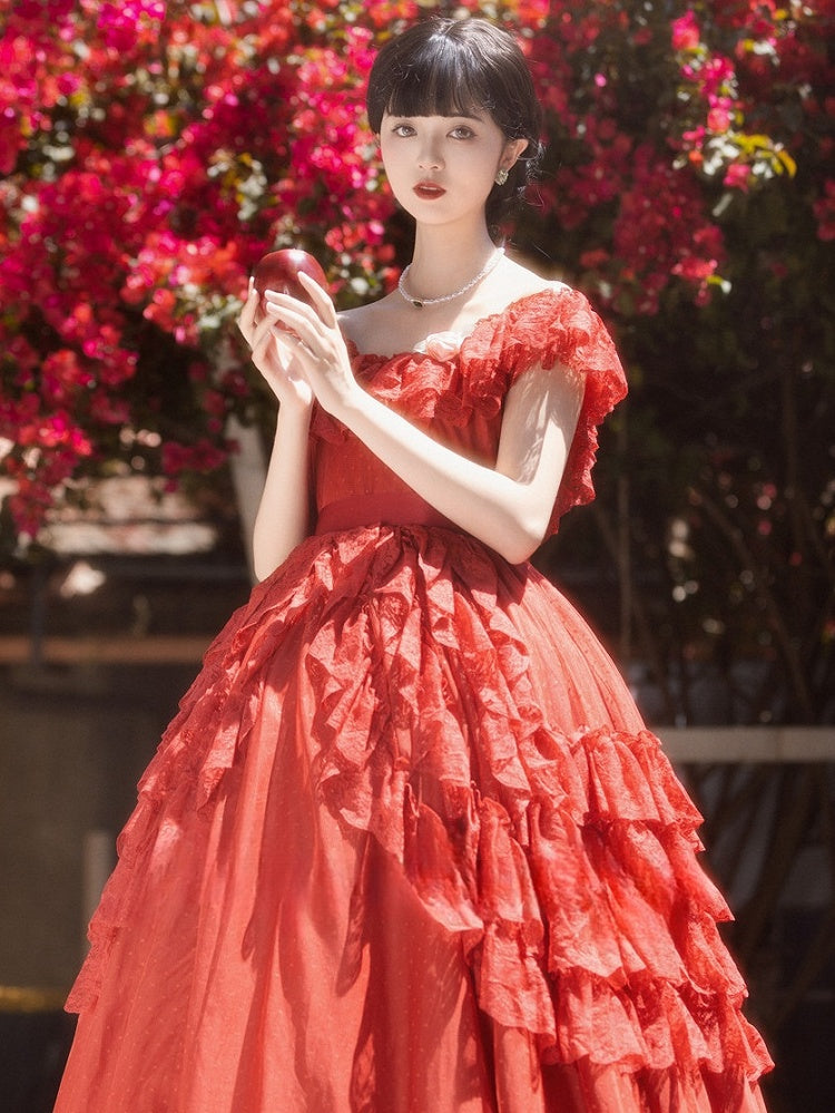 Robe vintage rouge vin/rose à volants en dentelle et décolleté à épaules dénudées