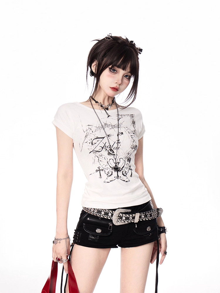Slim-fitting Y2K Print Lace-up Back White/Black T-shirt