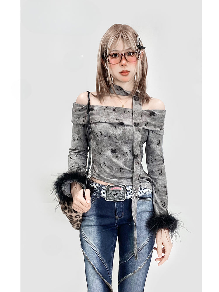 Grey Off-the-shoulder Neckline Top with Plush Hem