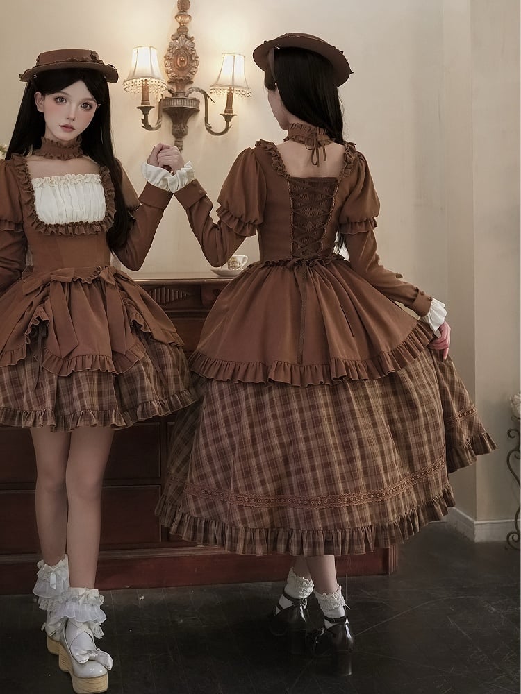 + Set Long - Autumn Lollita Detachable Choker Elegant OP Hat Bows Coffee Version
