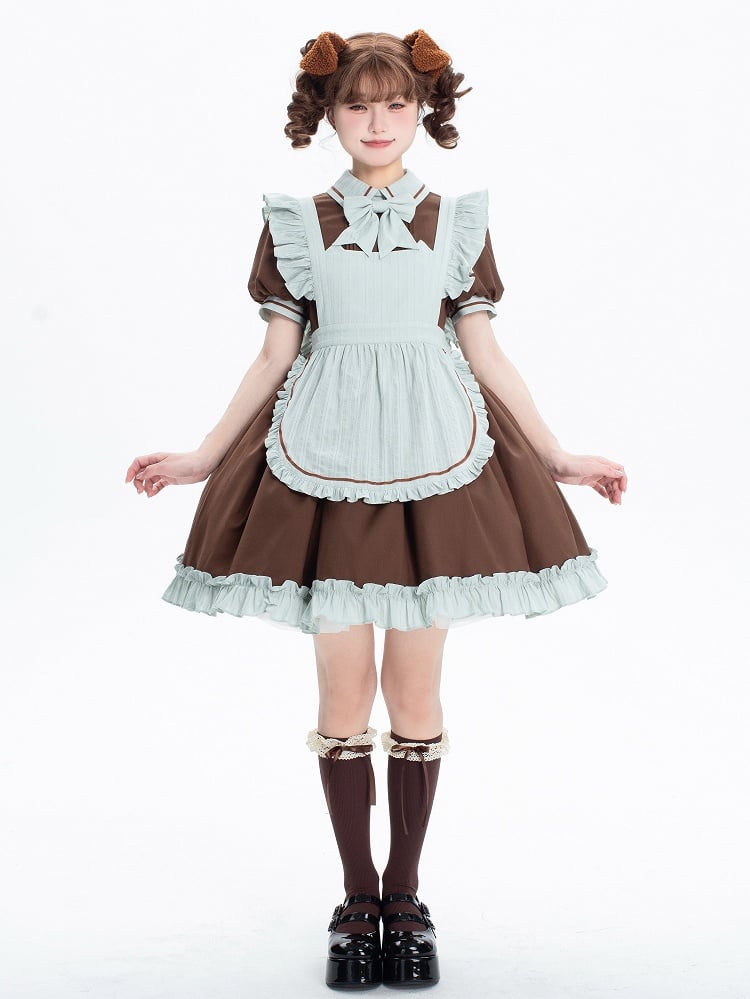 Dress Puff Short Lolita Sleeves Brown Kitty Mint Green + Maid and Apron