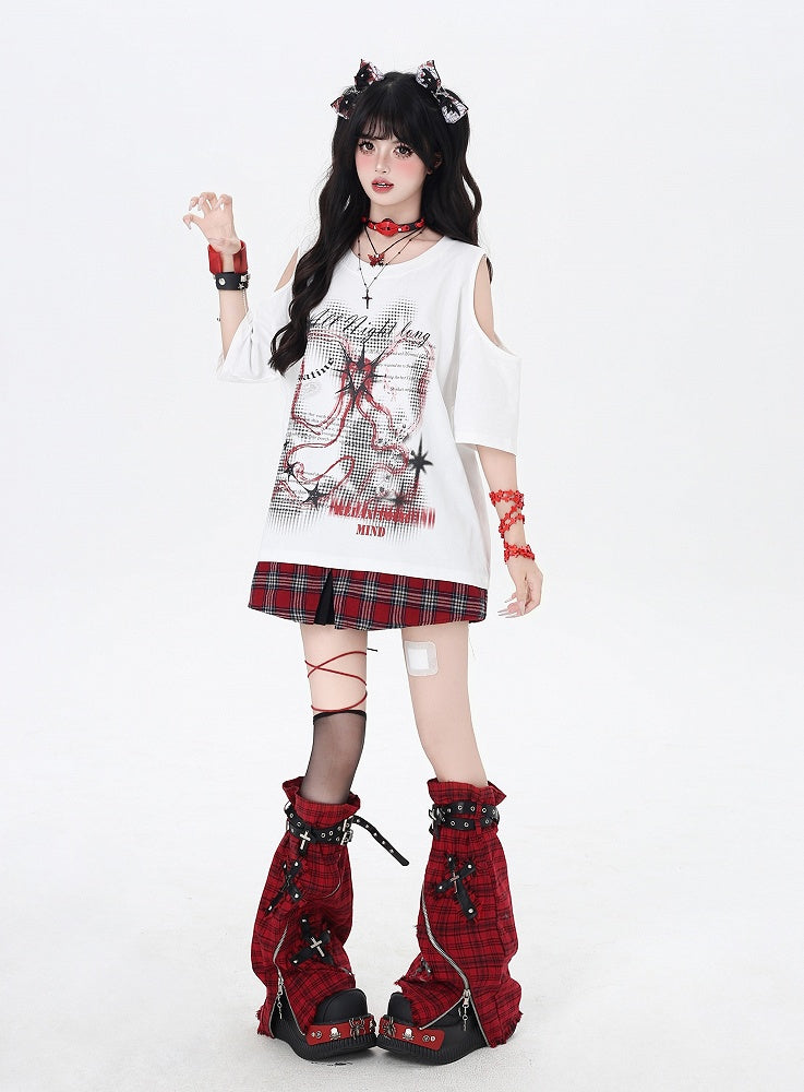 Red Neck Plaid Hem White Cutout Shoulder Graphic T-Shirt Round