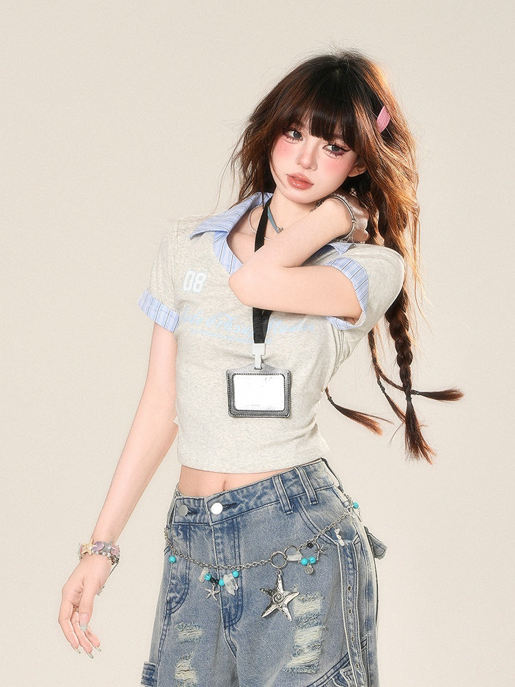Glamorous Two-pieces Tag Style Faux Cropped T-Shirt with Name Grey Preppy Free Badge