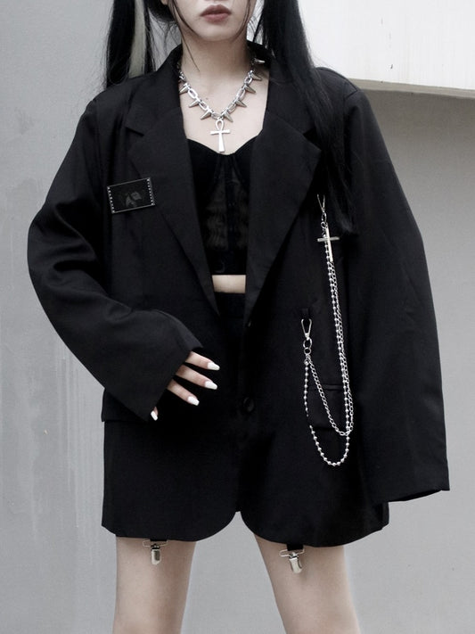 with Tag Black Detail Name Punk Silver Edgy Blazer Chain