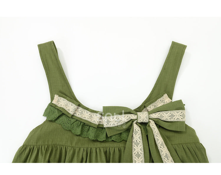 with Detachable Sweet Ruffle Green Overall Dress Hem Bowknot