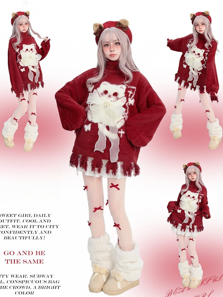 赤い猫柄のリボンアクセント、ディストレストリムのハイネック、着心地の良いセーター