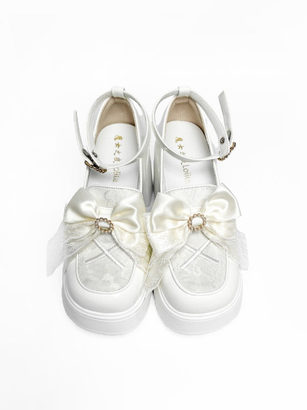 Heart Platform Beaded Jirai with - Vamp Bow Kei White Heels High Buckle Block Matching