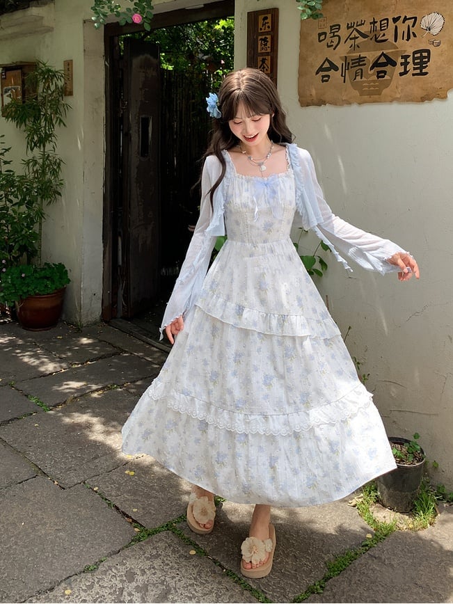 トリムライトブルーの蝶結びカフスのディテールオープンプラケットシフォンカーディガンフリル