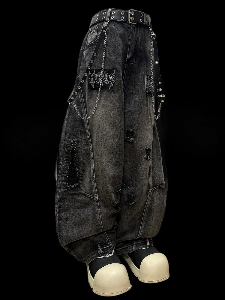 Buchstaben Jeans Löcher Details Schnitt Dunkel Distressed Grau Applikation Weites Bein
