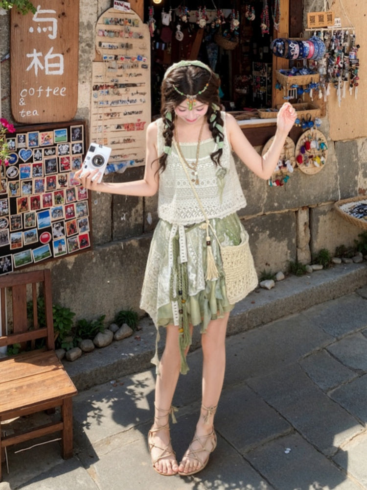 Dye Lace Patchwork Design Long/Short Tie Skirt Version Kei Green Mori