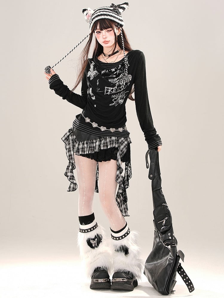 アプリコット/ブラック グラフィックメッシュ フェイクツーピース ストライプ ロングスリーブ トップス