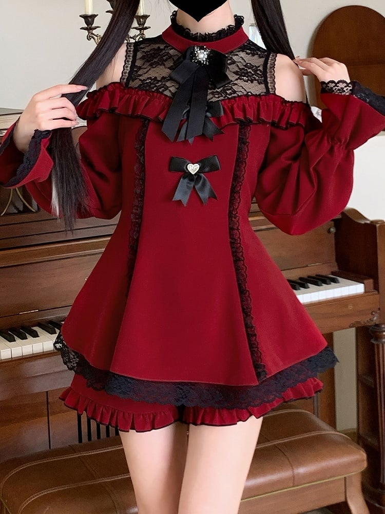 Saum Jirai Kei Schwarzes Set Shorts mit Mini-Ausschnitt Cutout Schulter Illusion Rock Kleid Rot Rüschen