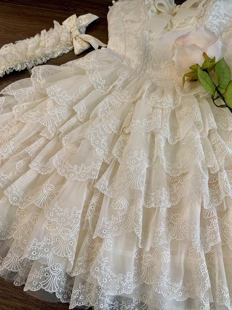 Creamy Scallop Lolita White Skirt Trim Embroidered Princess Dress Tiered