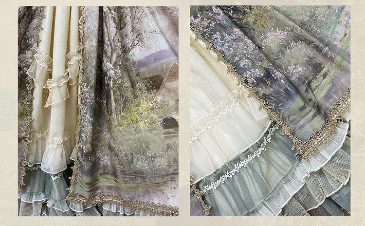 油絵プリントのグリーンレイヤードフリル裾ロリータスカート