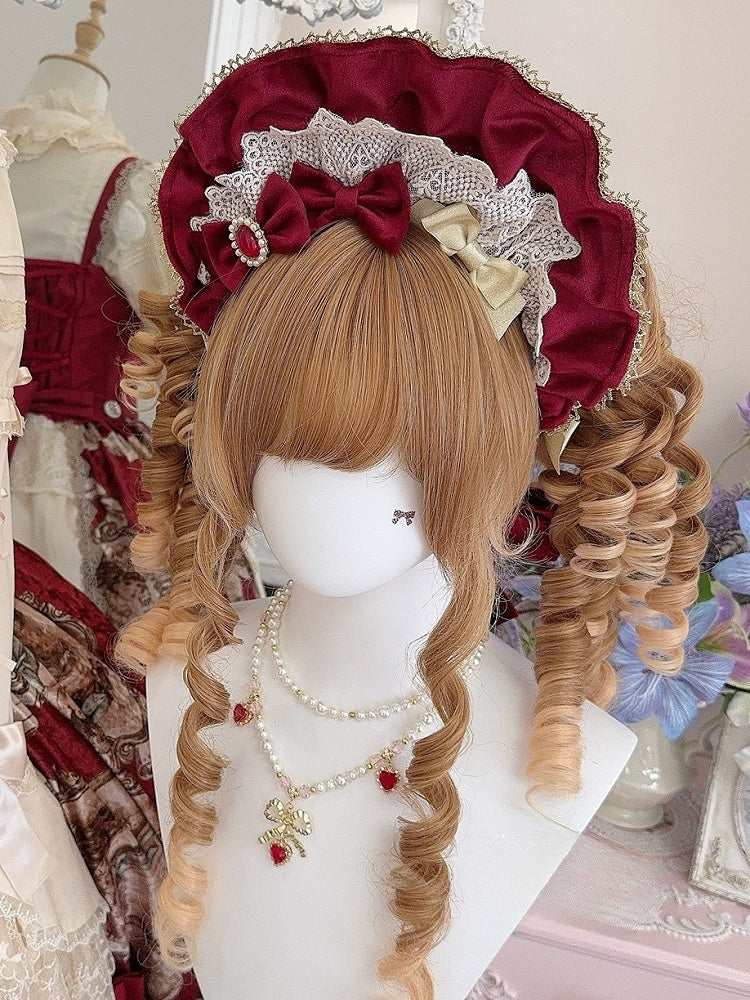 Wine Velvet Red/Black + Matte Bonnet 4 Bowknot Brooches Trim Lace