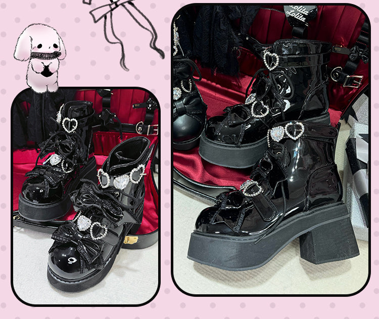 Plateau Stiefeletten Schnallen Jirai Kei Poliert und Schwarz Strass Sweetheart mit