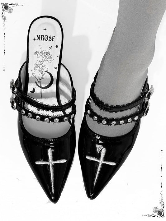 Stiletto Toe Heel Embroidery Pointed Cross Black Polished Sandals Gothic with 6cm