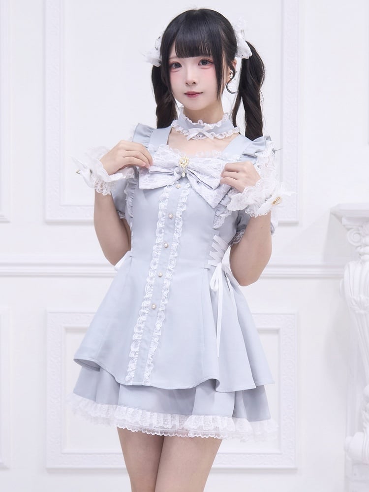 Dress Skirt Lace-up Side with Mini Light Kei Style Jirai Shoulder Matching Cutout and Gray Detail Set: