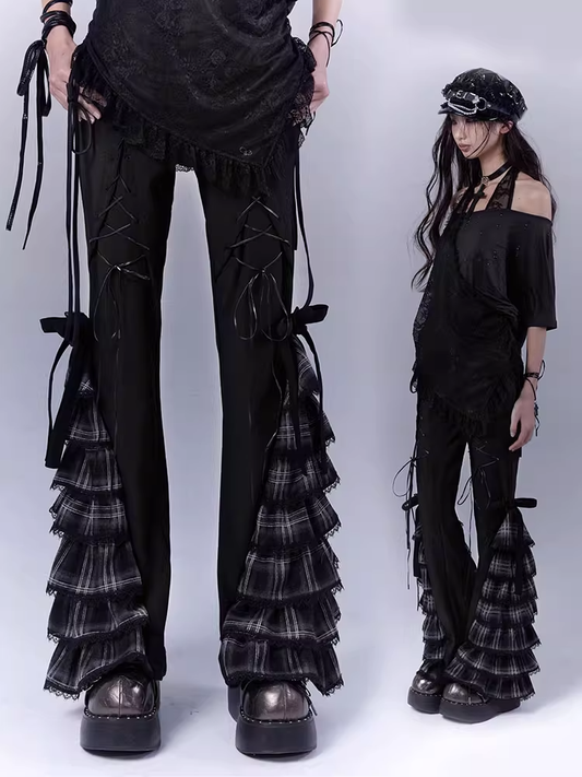 Black Lace-up Front Tiered Plaid Cuffs Slim-fitting Pants