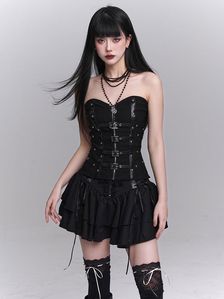 Lace Tiered Skirt Cross Black Lace-up Waist Studded