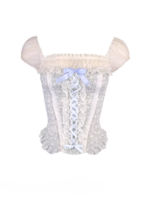 Ruffled Sleeves Blue Corset Hem Peplum Puff Top Faux Two-Piece With