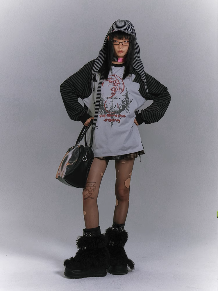 and Colorblock Long Sleeves Striped with Black and Gray Top Punk Print Design