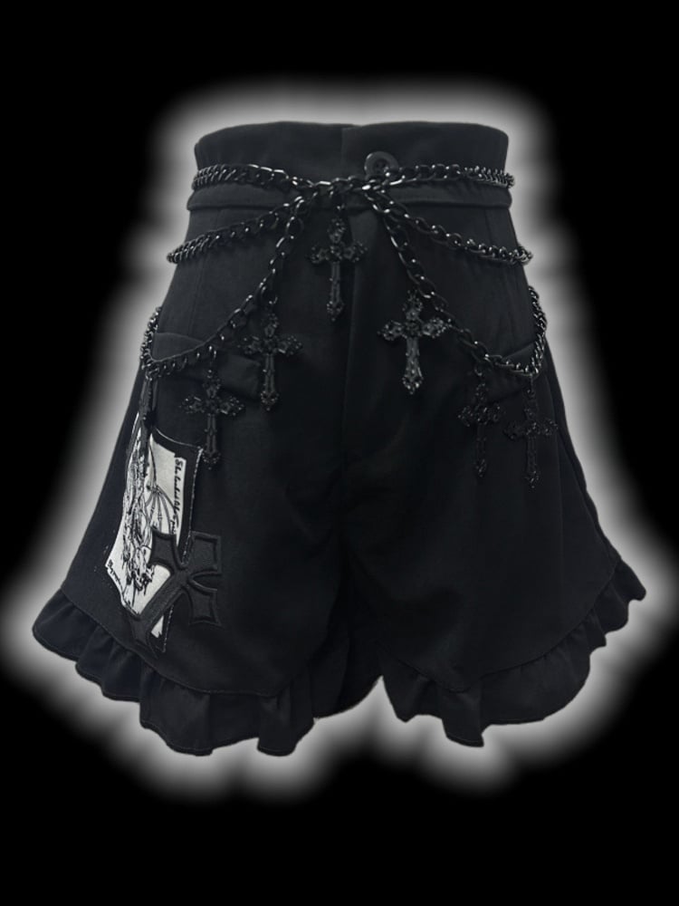 Gothic Black CrossPatches High Waist Ruffle Trim Shorts with Free Waist Chain