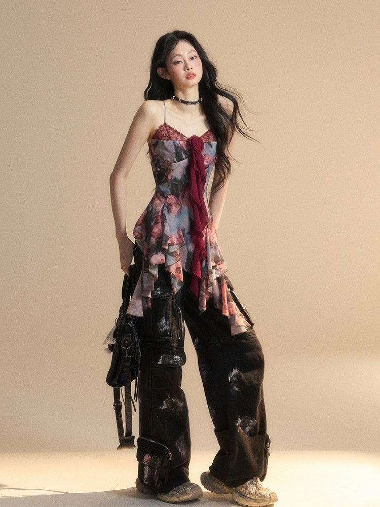 Painting Red Oil Cami Top Asymmetrical Flounce Embellished Hem Floral Glamorous