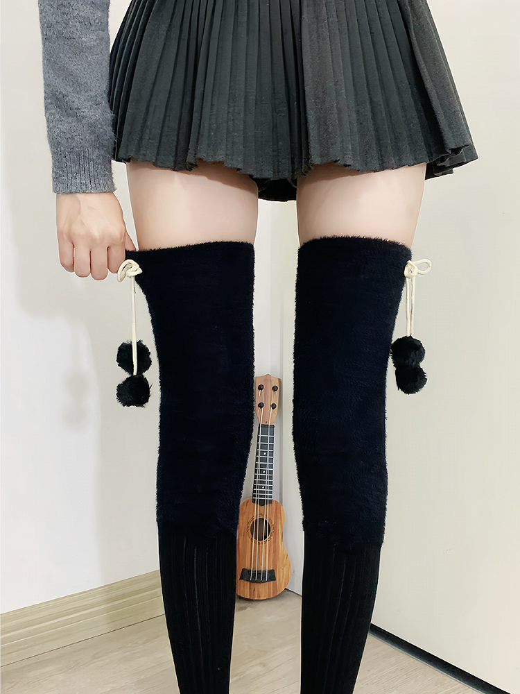 Milk White/Light Coffee/Gray/Black Plush Overknee Stockings With Pompons